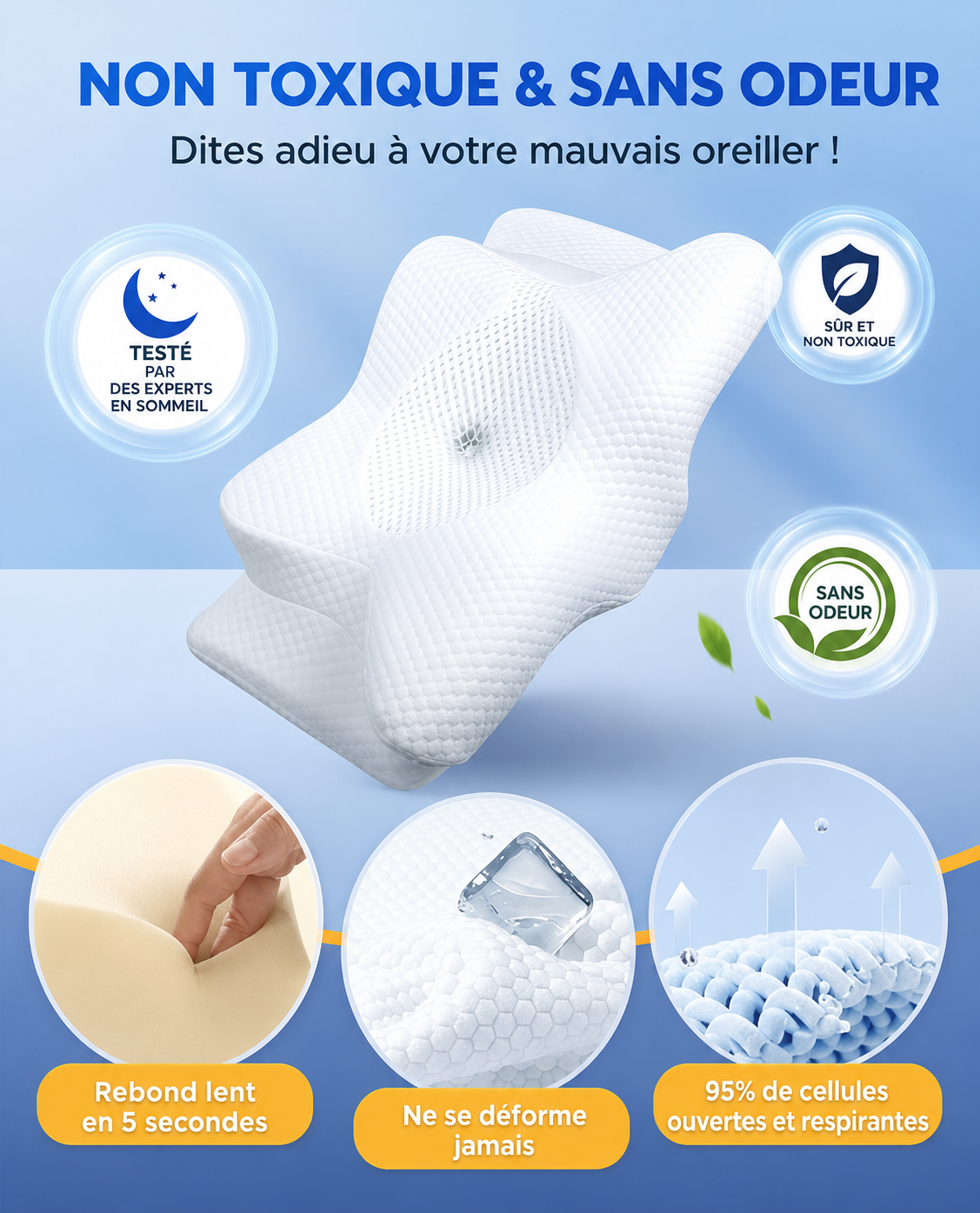Oreiller cervical en mousse à mémoire de forme Sommeil Réparateur- Mahozen™